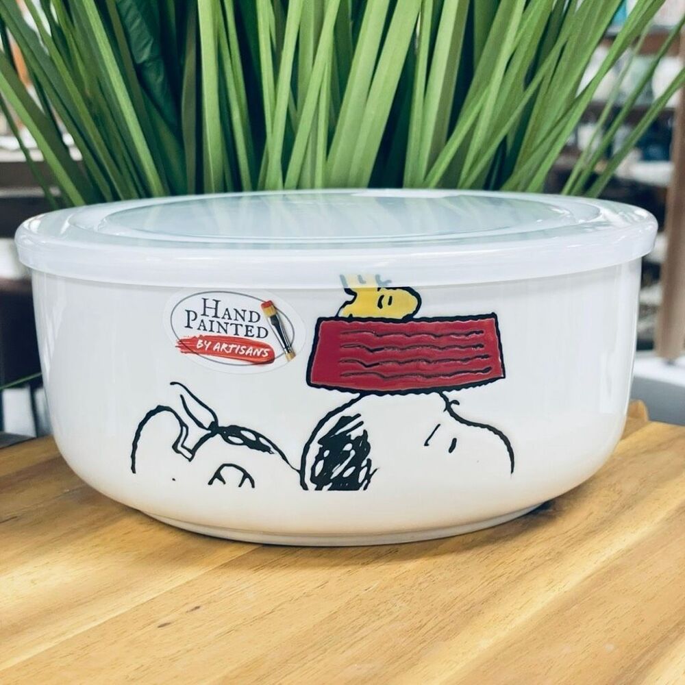 NWT Peanuts Snoopy Woodstock White Red Ceramic 2 Pc Food containers w/ Lids Set - Picture 3 of 16